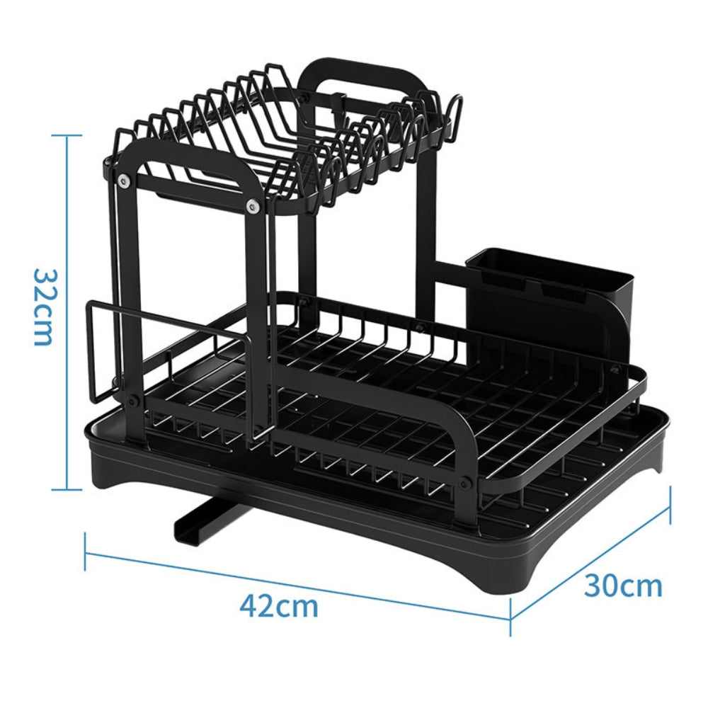 360 Degree Rotating 2 Tier Dish Bowl Drainer Kitchen Tableware Rack