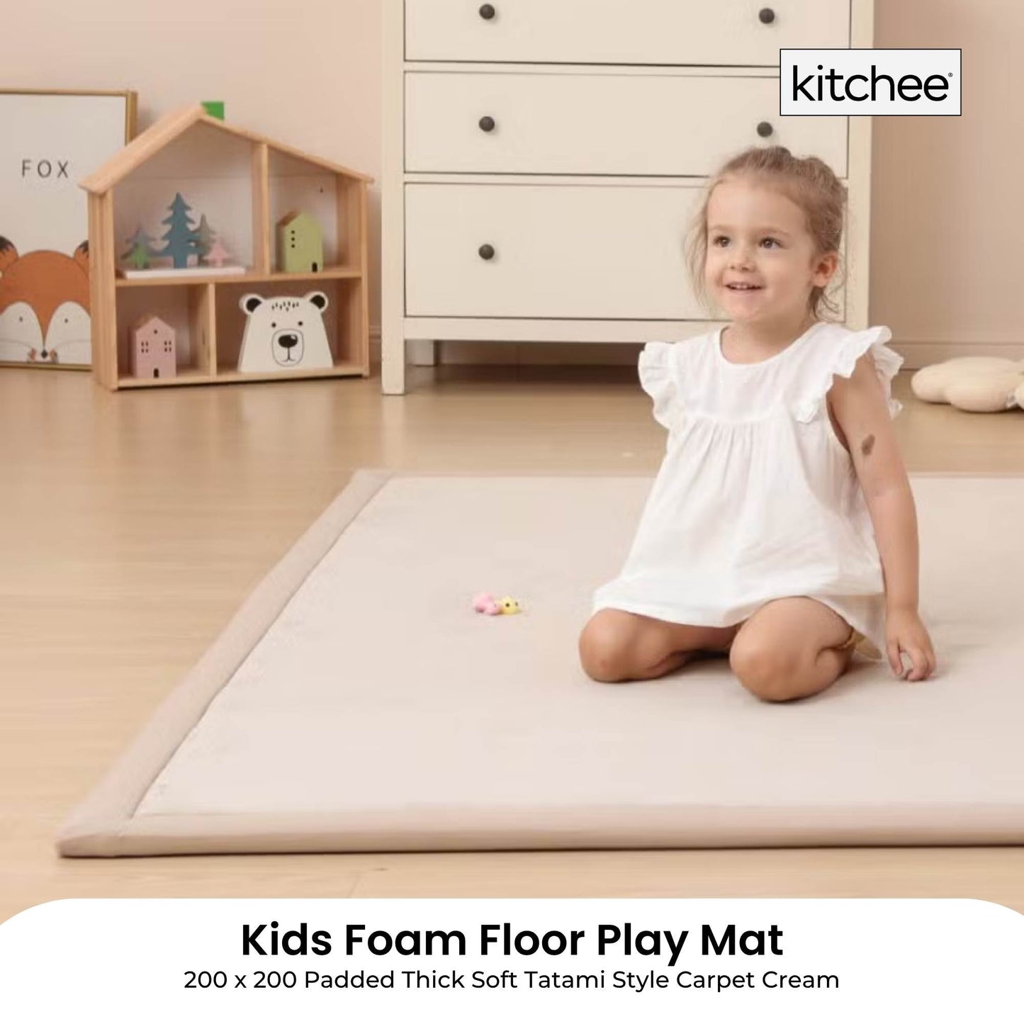 Kitchee Kids Foam Floor Play Mat 200x200cm – Padded Thick Soft Tatami Style Cream-1