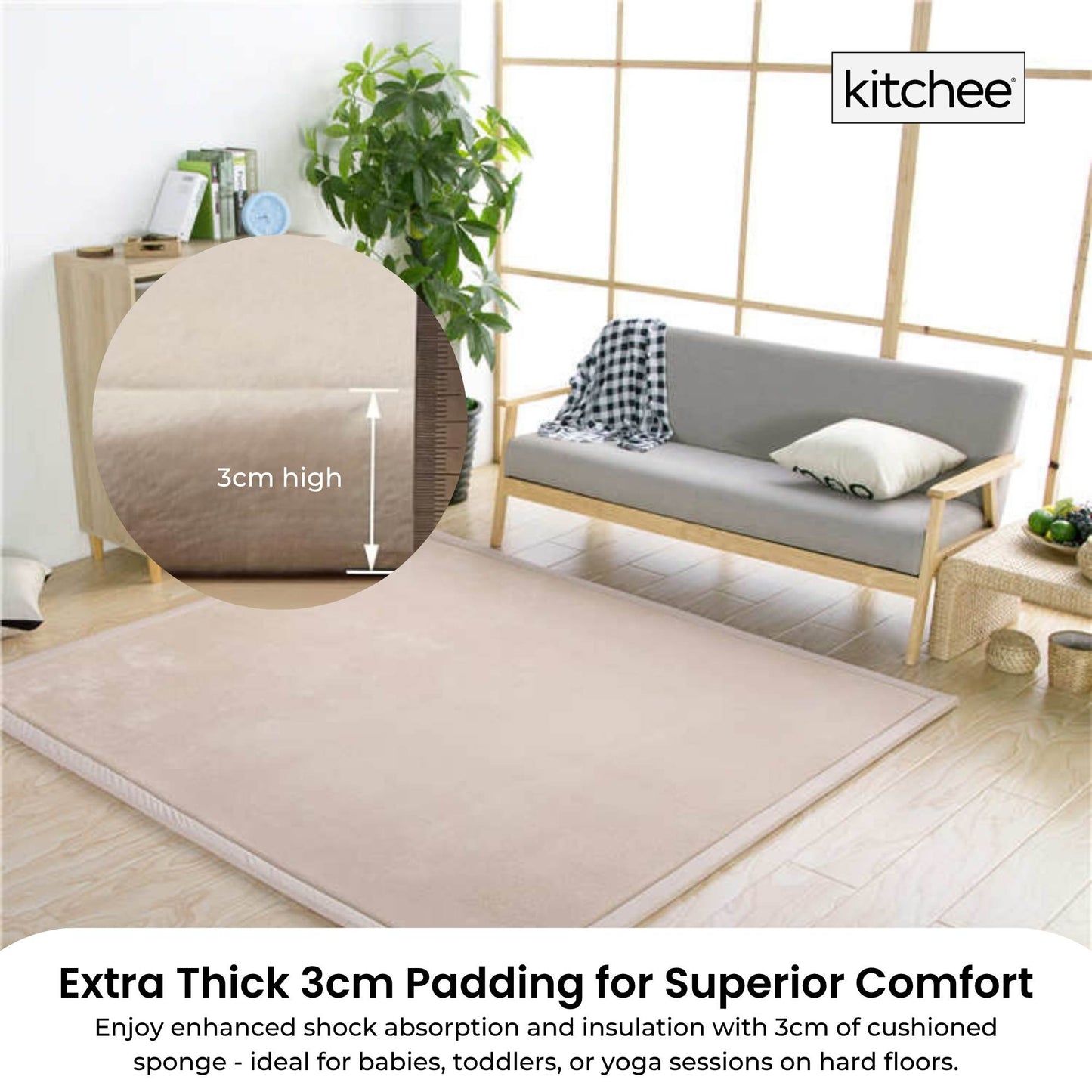 Kitchee Kids Foam Floor Play Mat 200x200cm – Padded Thick Soft Tatami Style Cream-2