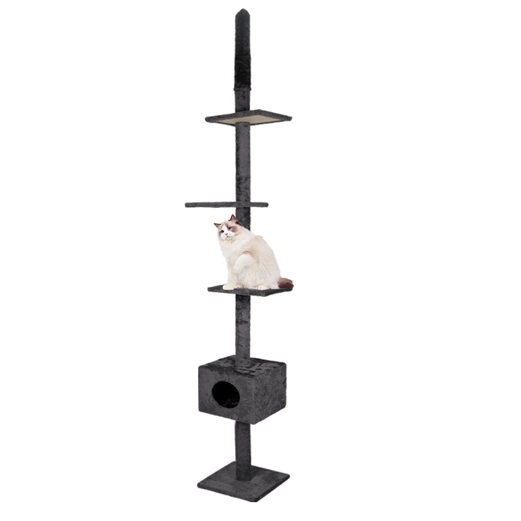 Adjustable Height Cat Scratching Post Tree with Cubby House- Charcoal-0