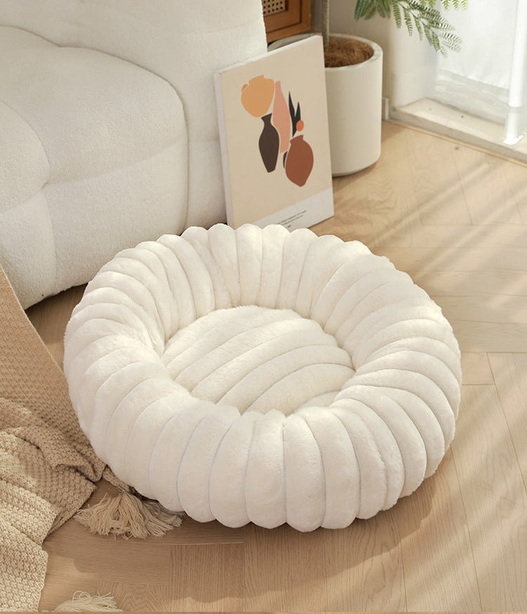 Plush Ribbed Round Pet Bed - White-3