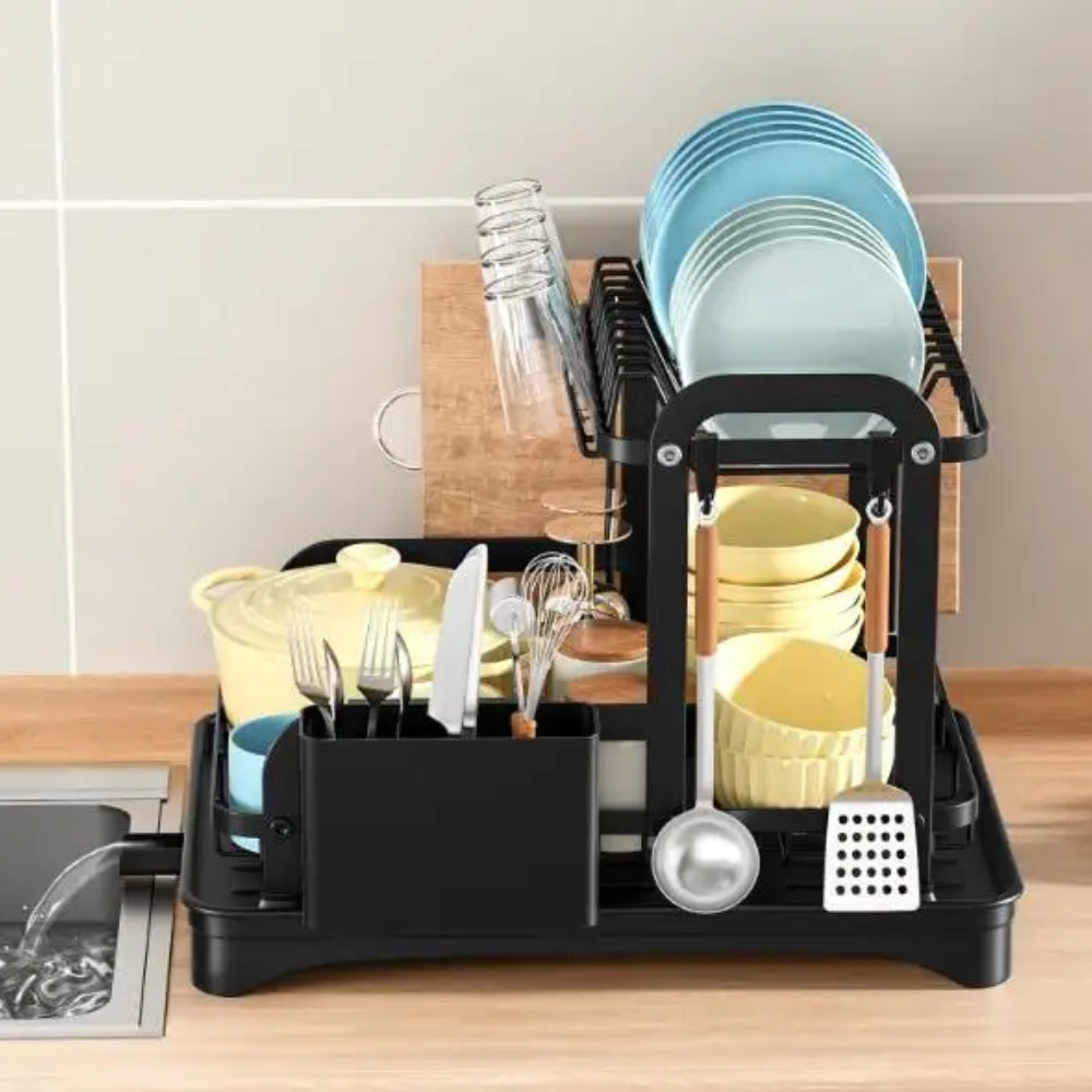 360 Degree Rotating 2 Tier Dish Bowl Drainer Kitchen Tableware Rack