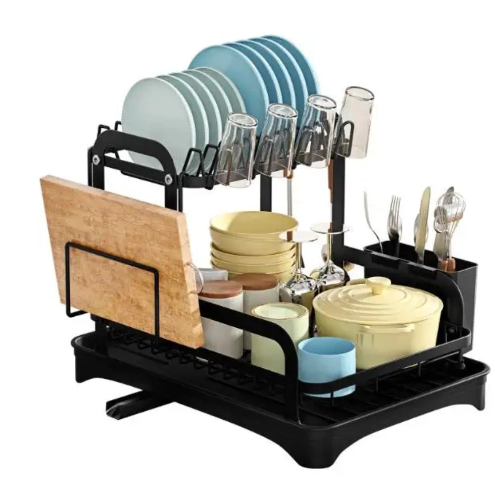 360 Degree Rotating 2 Tier Dish Bowl Drainer Kitchen Tableware Rack