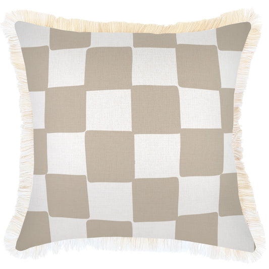 Cushion Cover-Coastal Fringe-Check Beige-45cm x 45cm-0
