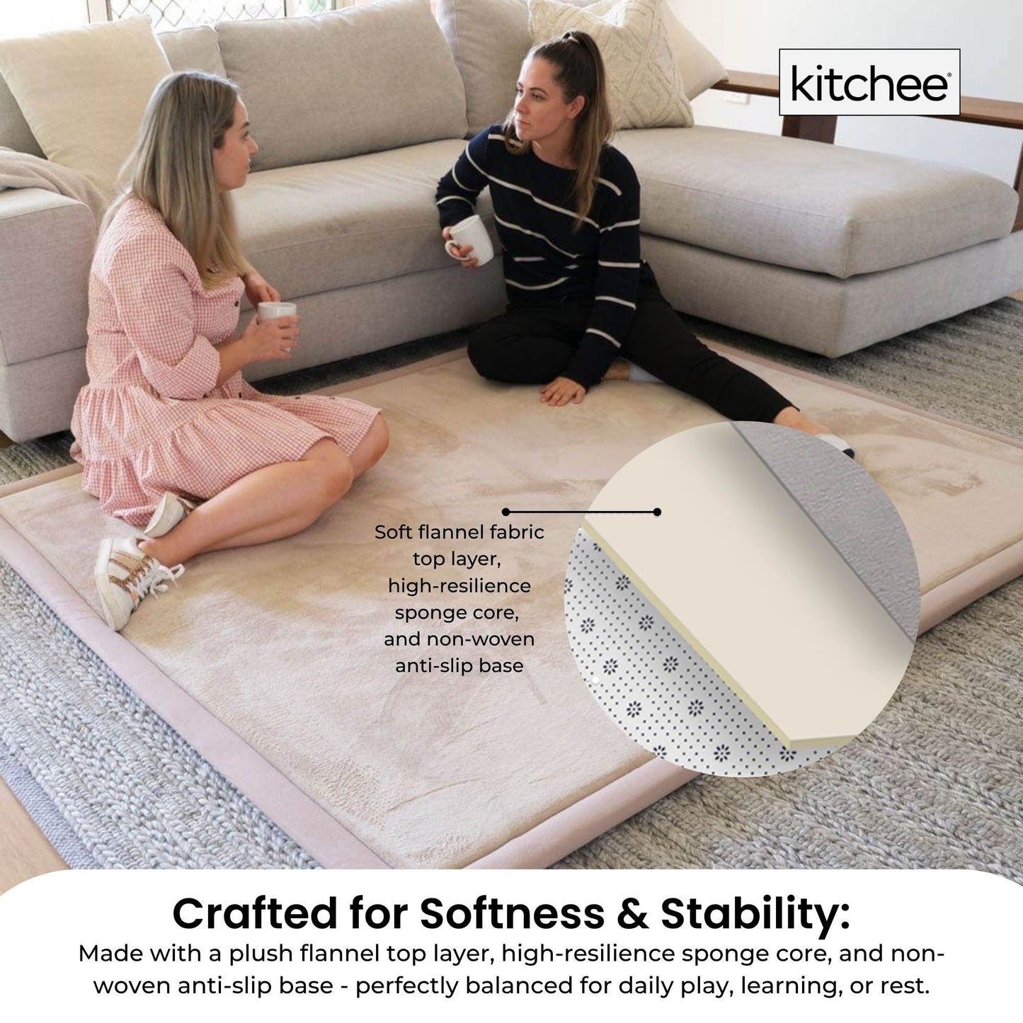 Kitchee Kids Foam Floor Play Mat 200x200cm – Padded Thick Soft Tatami Style Cream-4