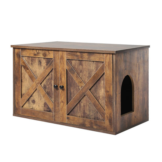 Enclosed Hooded Cat Litter Box Bed Furniture - Rustic Brown-0