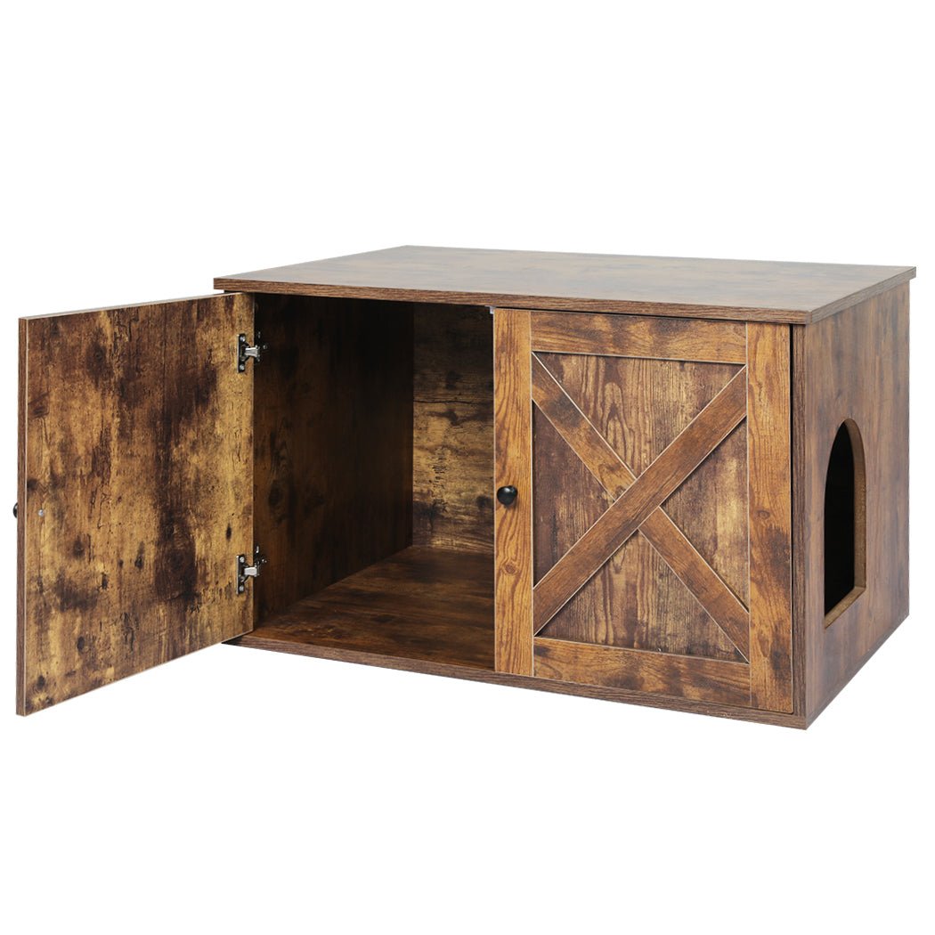Enclosed Hooded Cat Litter Box Bed Furniture - Rustic Brown-3