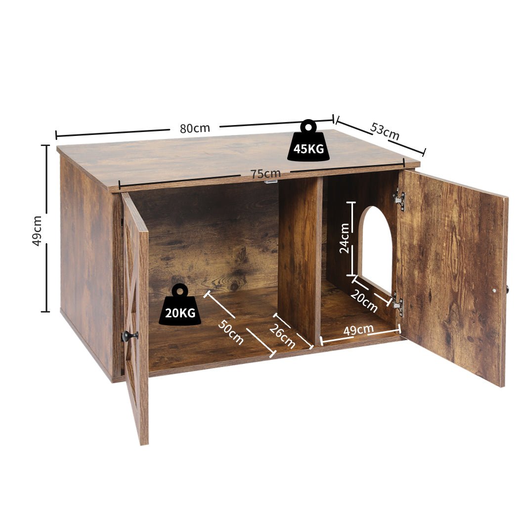 Enclosed Hooded Cat Litter Box Bed Furniture - Rustic Brown-2